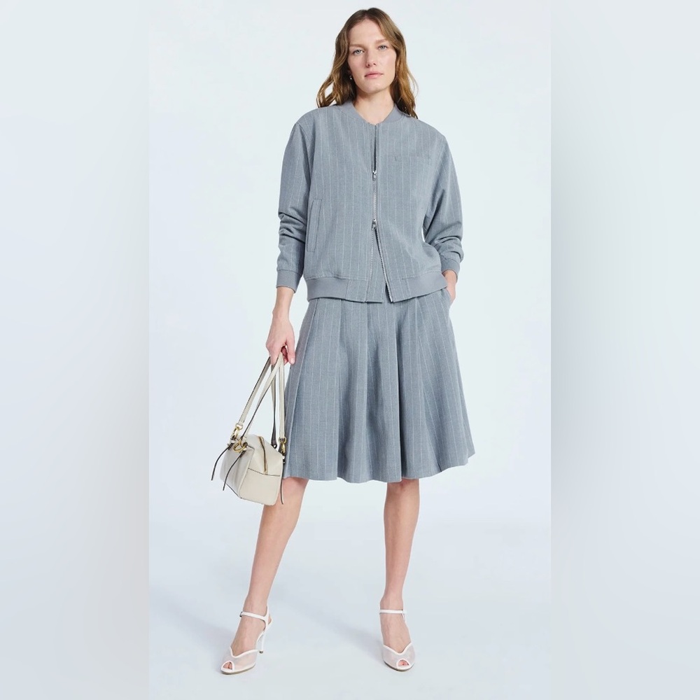 NWT Elegant Gray Pleated pinstripe midi Skirt w/ belt - Picture 5 of 10